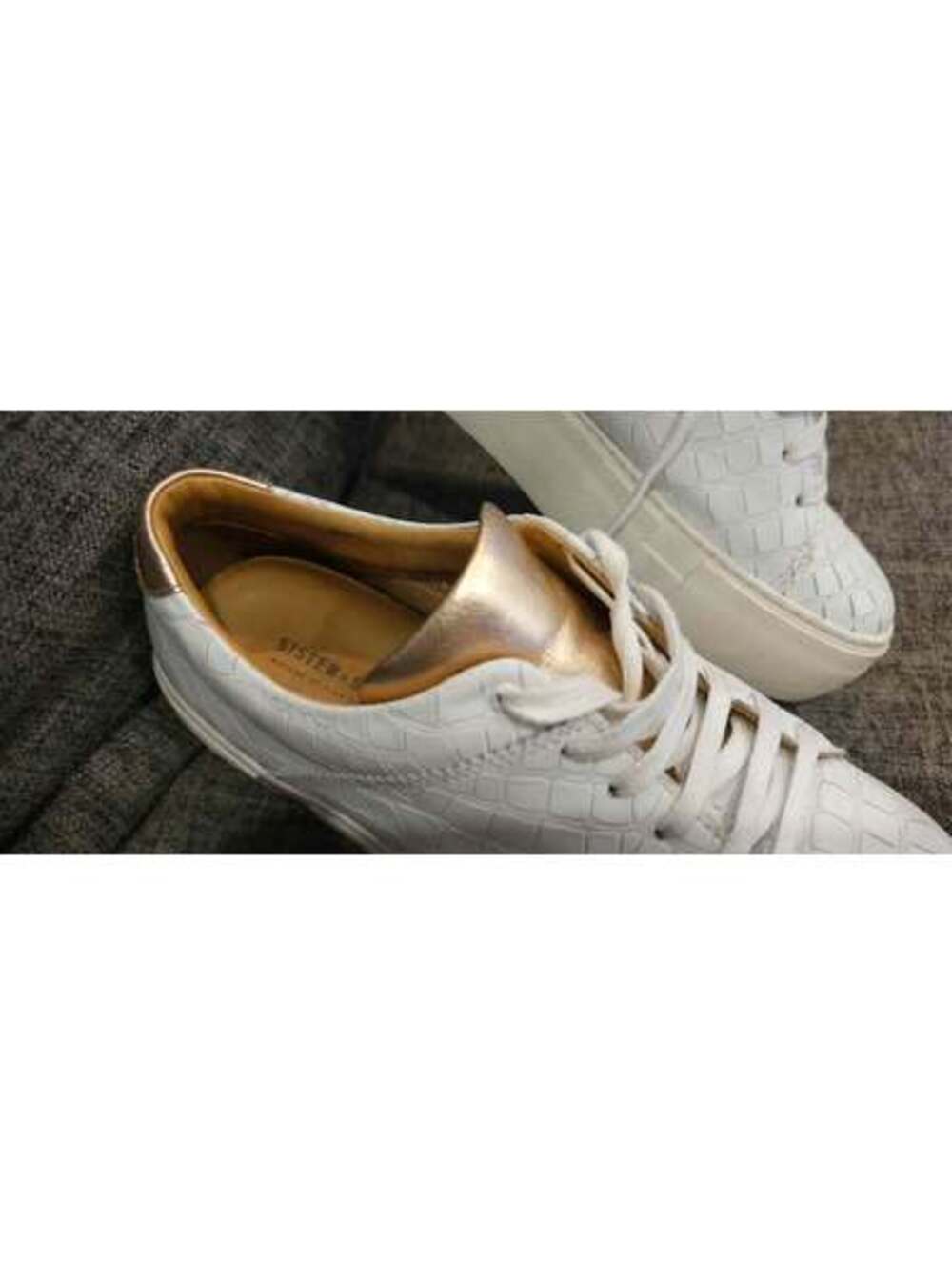 Sister + Soulur White Croc-Embossed Leather Sneakers with Gold Accent
